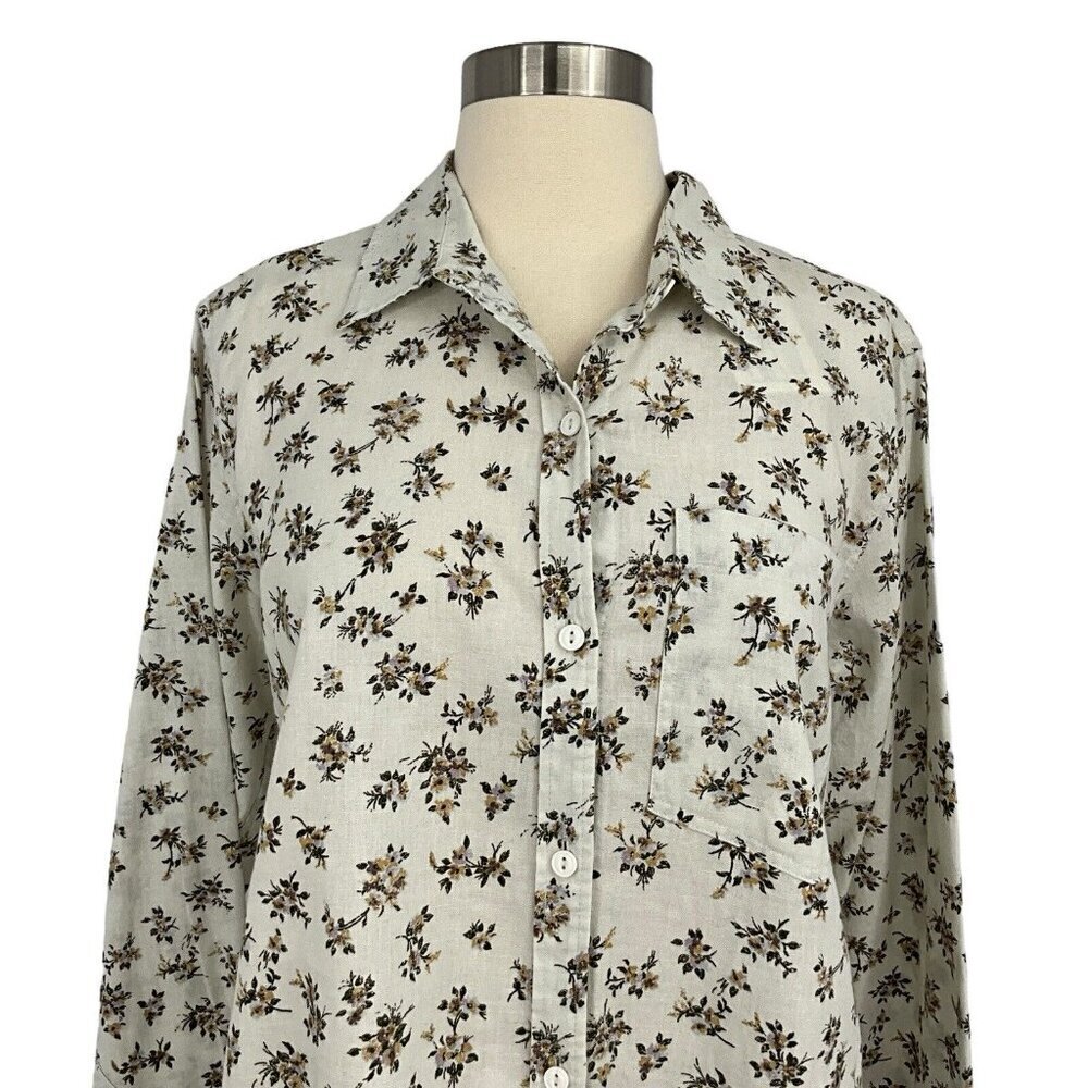 NWT Current Elliott Size 2 Floral Shirt Ivory Green Long Sleeve Linen Blend - Picture 2 of 13